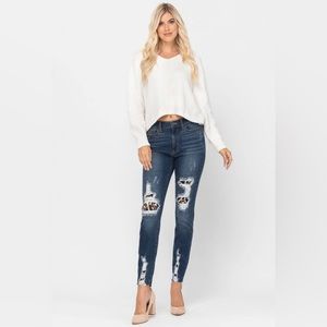 Judy Blue High Rise Distressed leopard patch - Blue Jeans - Dark Blue